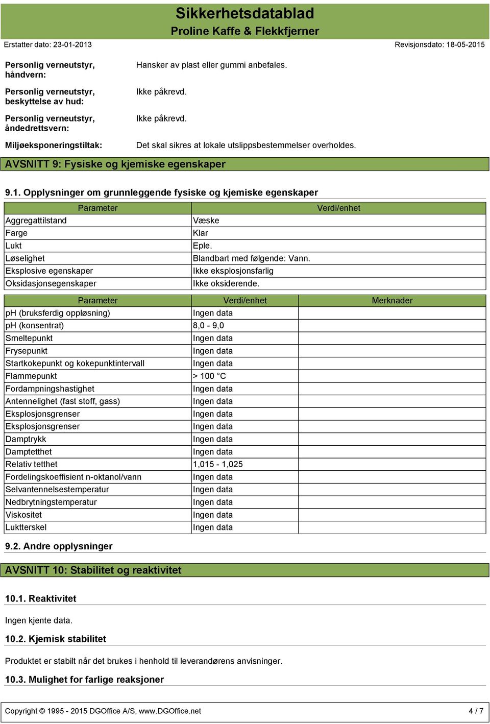 Opplysninger om grunnleggende fysiske og kjemiske egenskaper Parameter Aggregattilstand Farge Lukt Løselighet Eksplosive egenskaper Oksidasjonsegenskaper Væske Klar Eple. Blandbart med følgende: Vann.