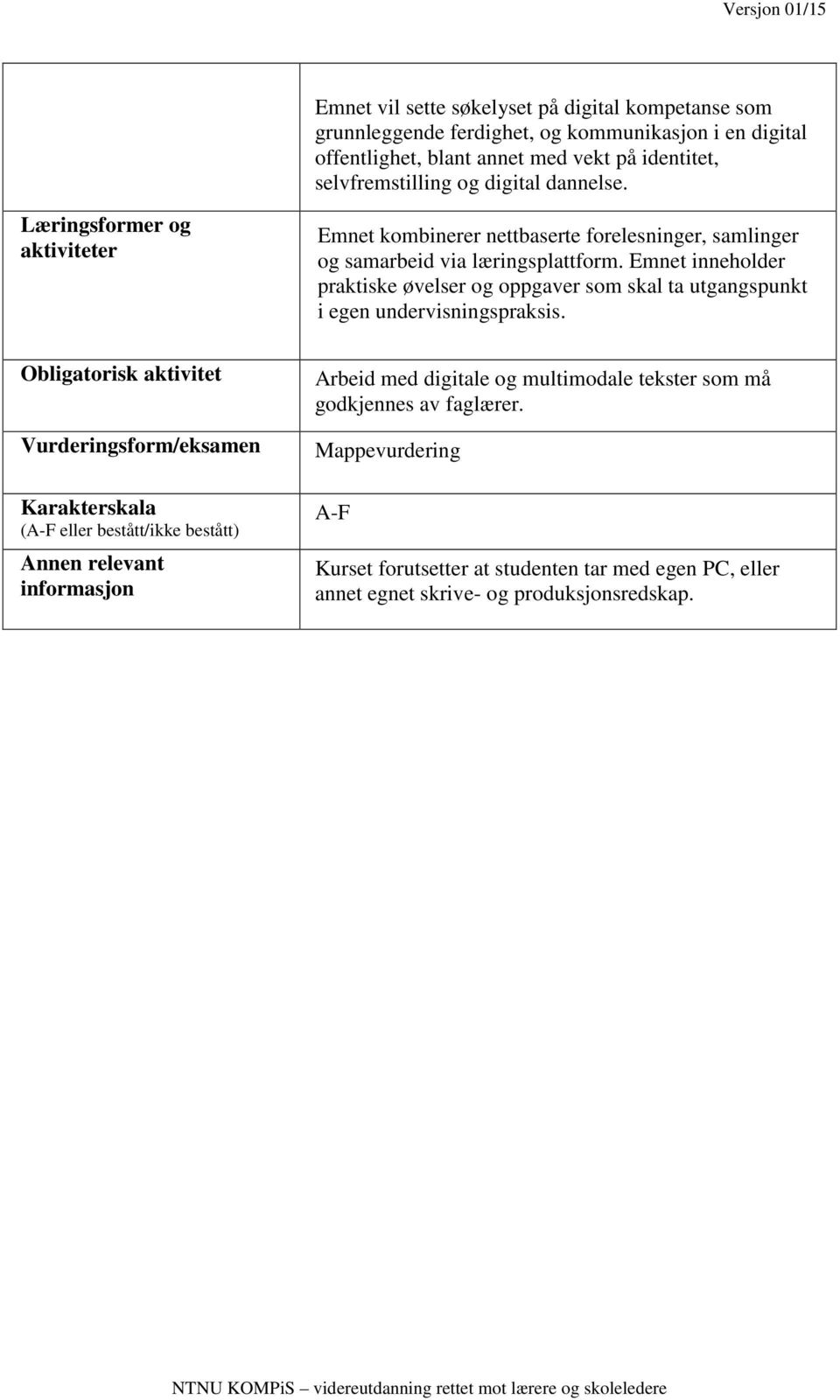 Emnet inneholder praktiske øvelser og oppgaver som skal ta utgangspunkt i egen undervisningspraksis.