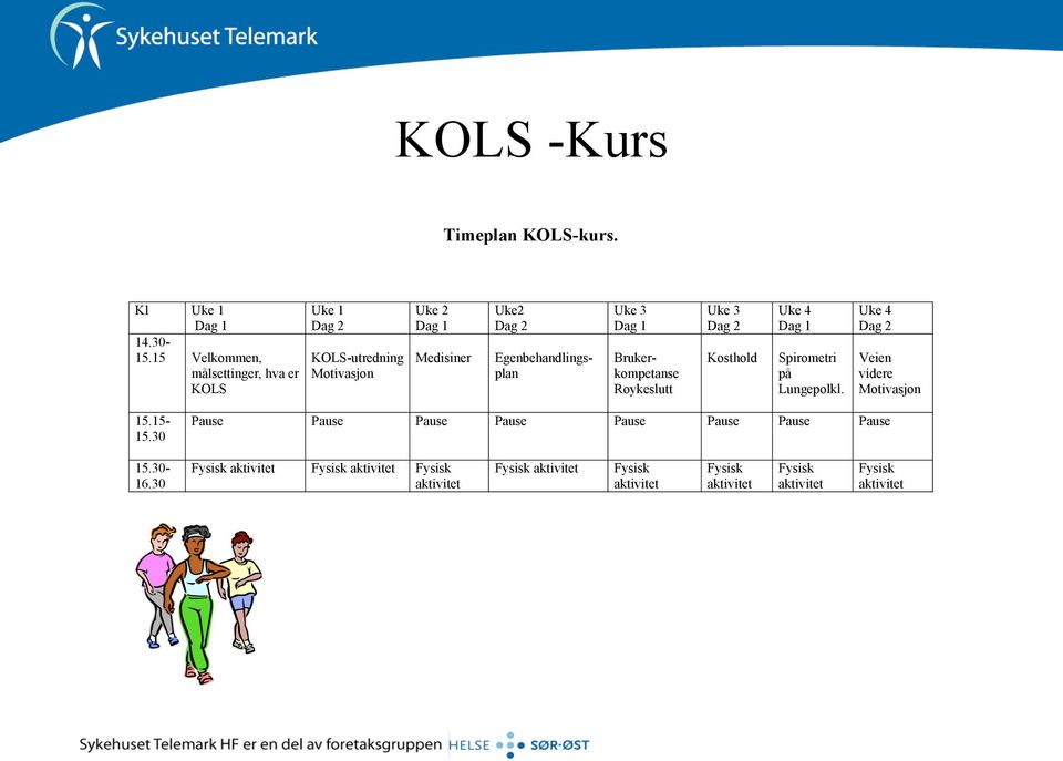 Egenbehandlingsplan Brukerkompetanse Røykeslutt Uke 3 Dag 2 Kosthold Uke 4 Dag 1 Spirometri på Lungepolkl.