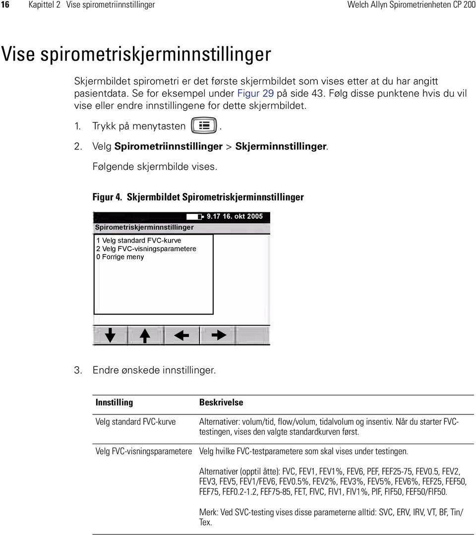 Følgende skjermbilde vises. Figur 4. Skjermbildet Spirometriskjerminnstillinger Spirometriskjerminnstillinger 1 Velg standard FVC-kurve 2 Velg FVC-visningsparametere 0 Forrige meny 9.17 16.