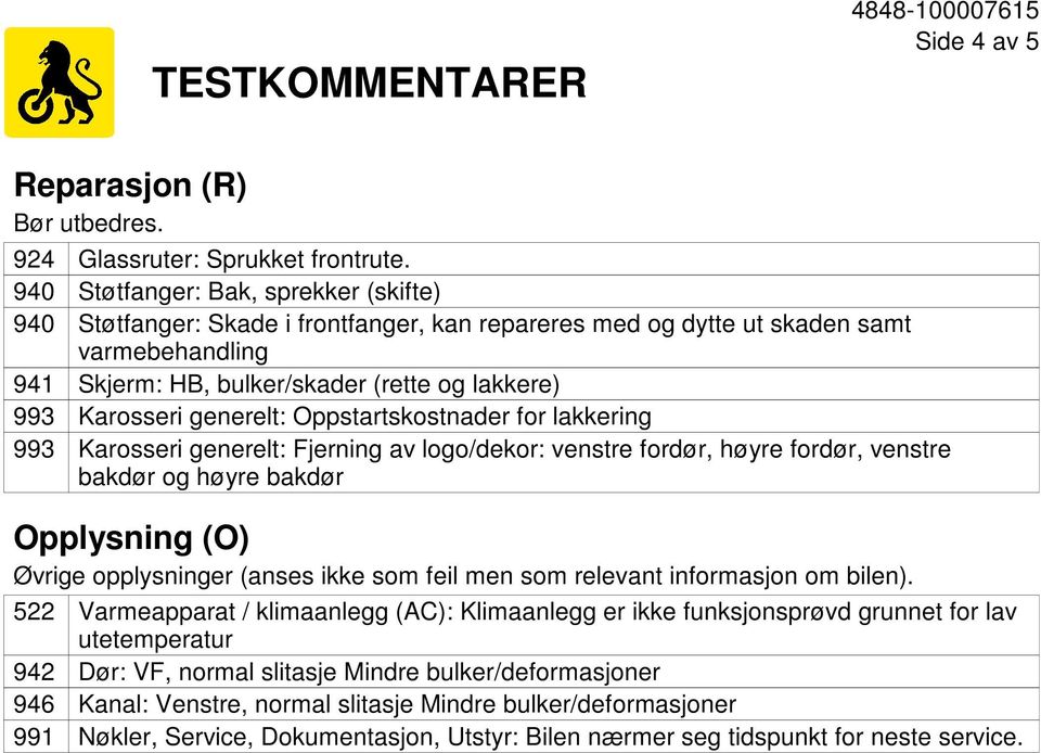 Oppstartskostnader for lakkering Karosseri generelt: Fjerning av logo/dekor: venstre fordør, høyre fordør, venstre bakdør og høyre bakdør Opplysning (O) Øvrige opplysninger (anses ikke som feil men