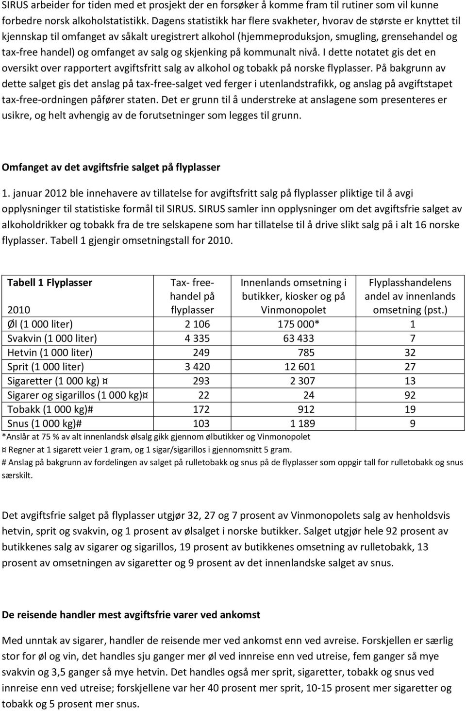 av salg og skjenking på kommunalt nivå. I dette notatet gis det en oversikt over rapportert avgiftsfritt salg av alkohol og tobakk på norske flyplasser.