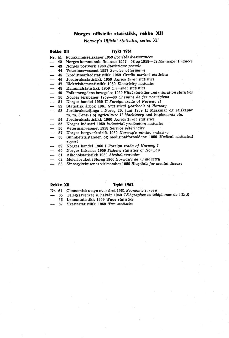 Kredittmarkedstatistikk Credit market statistics Jordbruksstatistikk Agricultural statistics Elektrisitetsstatistikk Electricity statistics Kriminalstatistikk Criminal statistics Folkemengdens