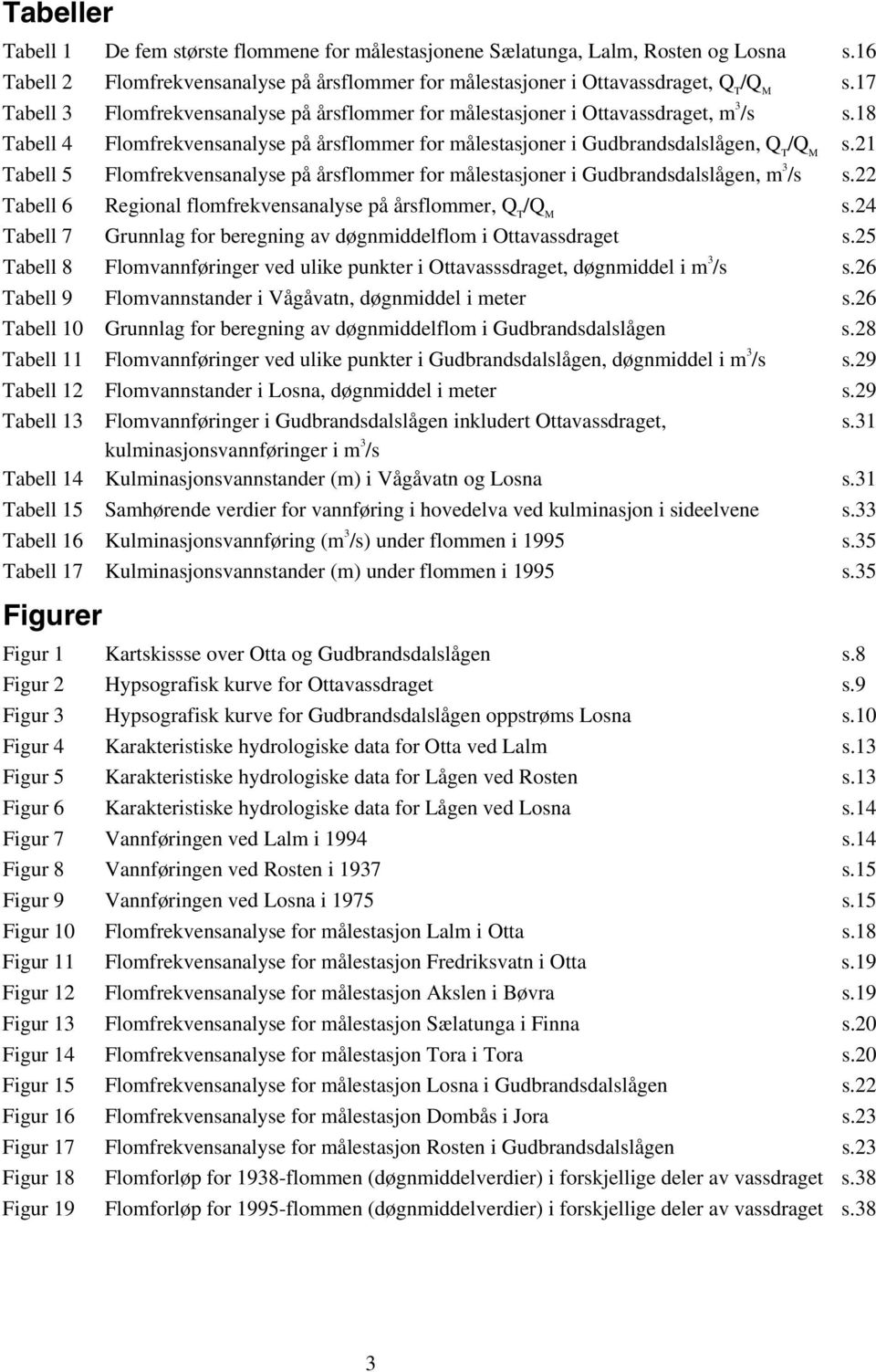 21 Tabell 5 Flofrekvensanalyse på årsfloer for ålestasjoner i Gudbrandsdalslågen, s.22 Tabell 6 Regional flofrekvensanalyse på årsfloer, Q T s.