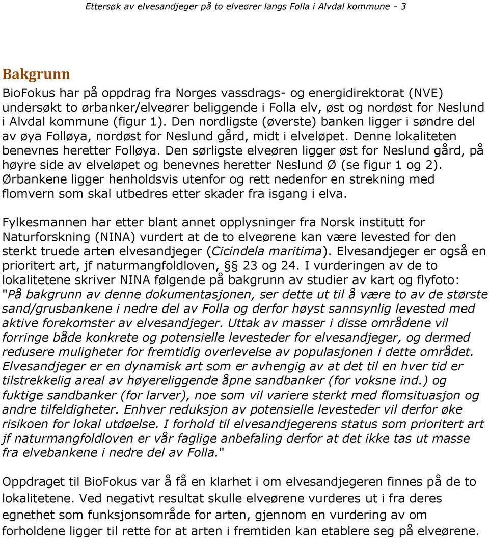 Denne lokaliteten benevnes heretter Folløya. Den sørligste elveøren ligger øst for Neslund gård, på høyre side av elveløpet og benevnes heretter Neslund Ø (se figur 1 og 2).