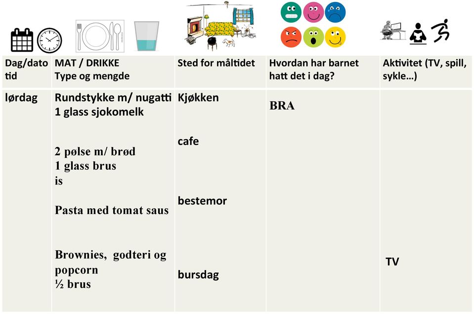 Ak+vitet (TV, spill, sykle ) lørdag Rundstykke m/ nugaw 1 glass