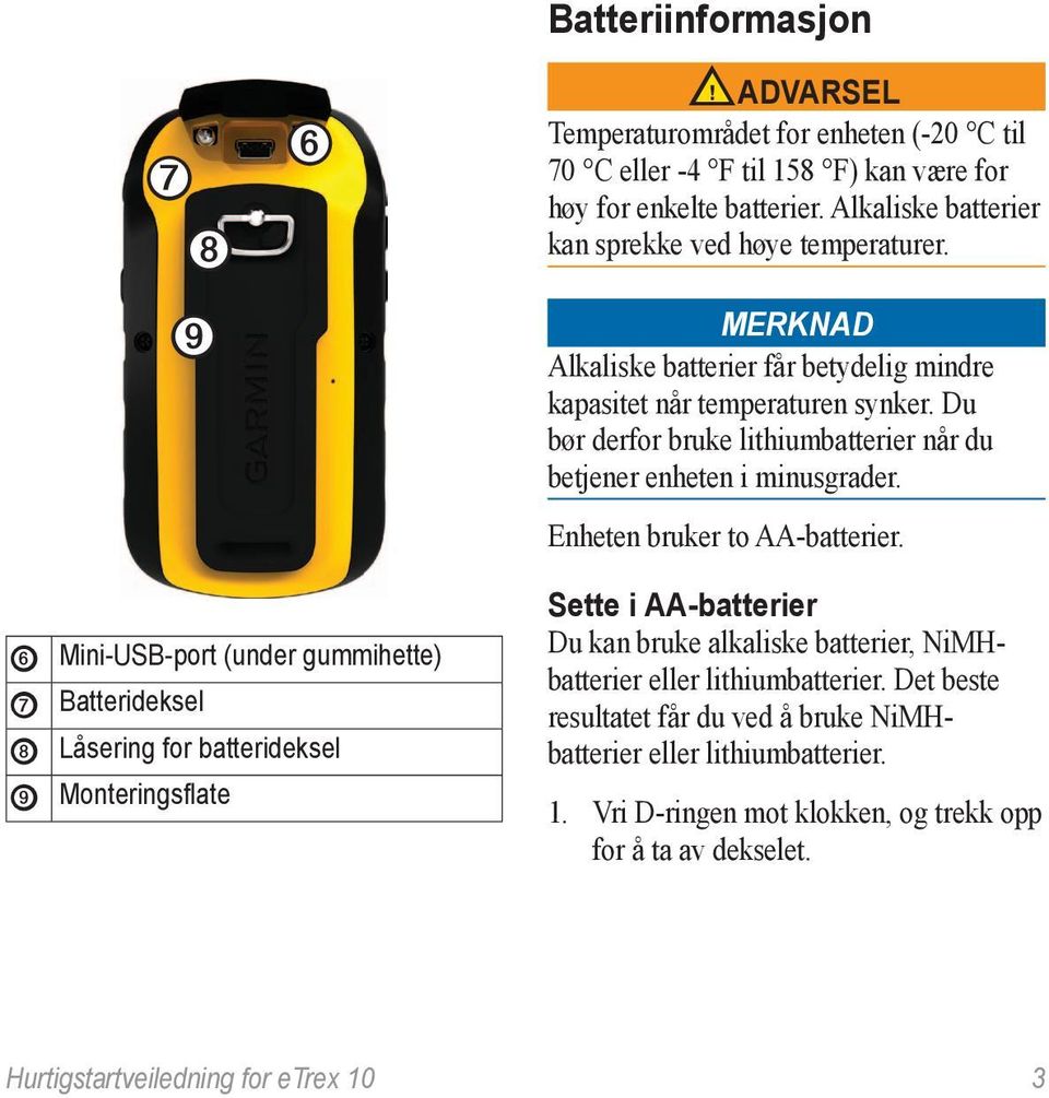 Du bør derfor bruke lithiumbatterier når du betjener enheten i minusgrader. Enheten bruker to AA-batterier.