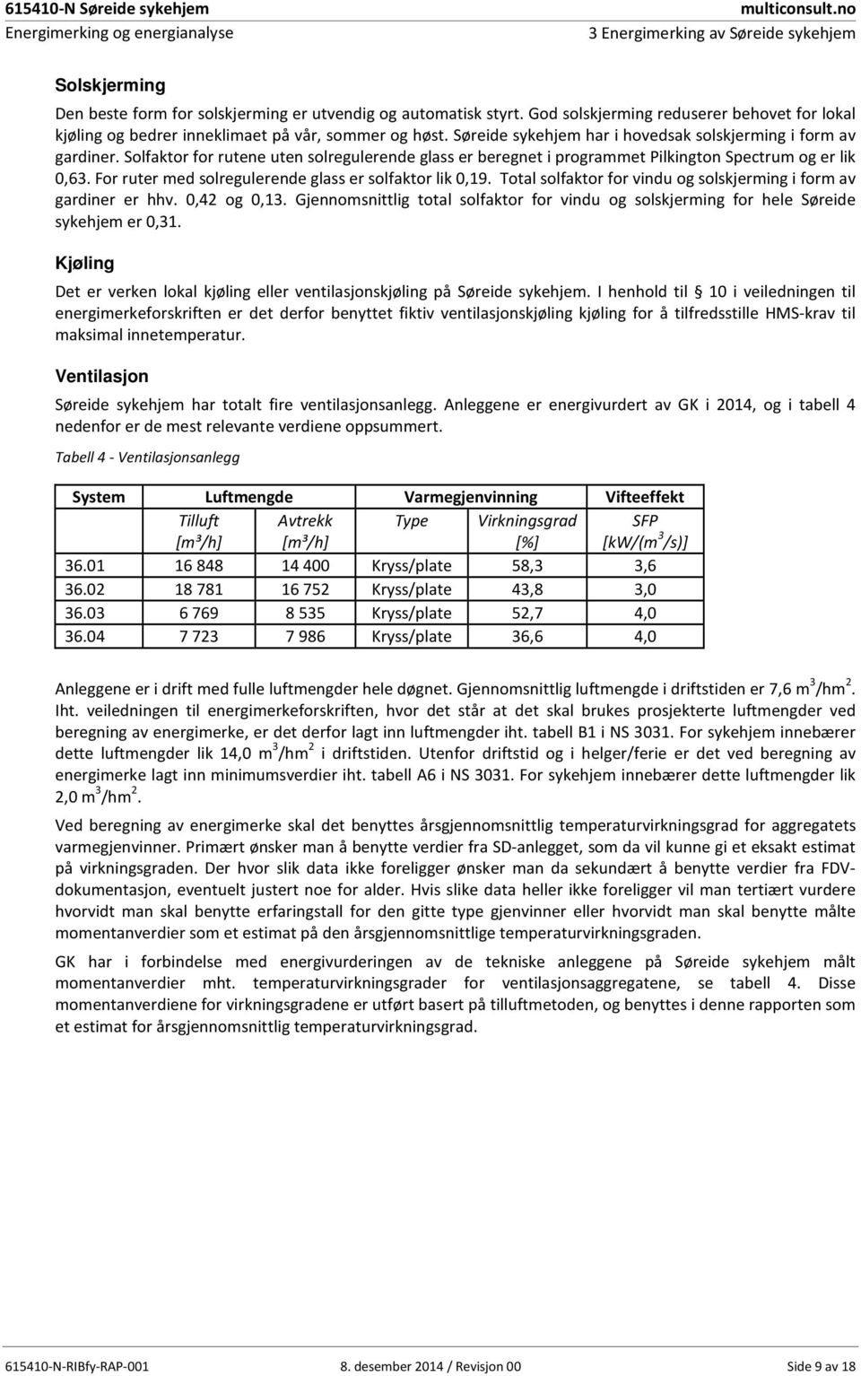 Solfaktor for rutene uten solregulerende glass er beregnet i programmet Pilkington Spectrum og er lik 0,63. For ruter med solregulerende glass er solfaktor lik 0,19.