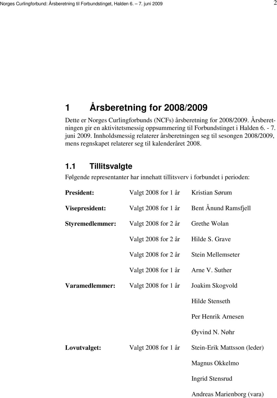 Tillitsvalgte Følgende representanter har innehatt tillitsverv i forbundet i perioden: President: Valgt 2008 for 1 år Kristian Sørum Visepresident: Valgt 2008 for 1 år Bent Ånund Ramsfjell