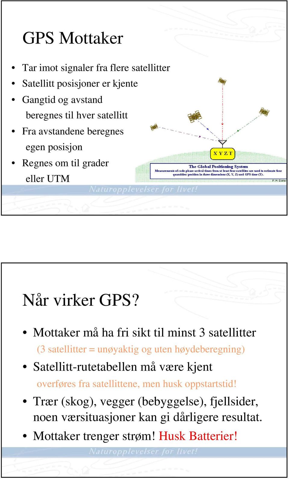 Mottaker må ha fri sikt til minst 3 satellitter (3 satellitter = unøyaktig og uten høydeberegning) Satellitt-rutetabellen må være