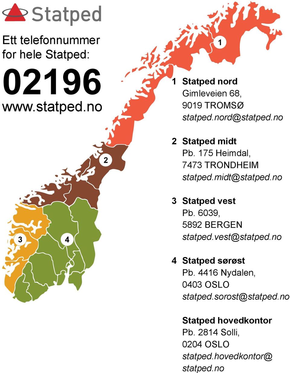 175 Heimdal, 7473 TRONDHEIM statped.midt@statped.no 3 4 3 Statped vest Pb. 6039, 5892 BERGEN statped.