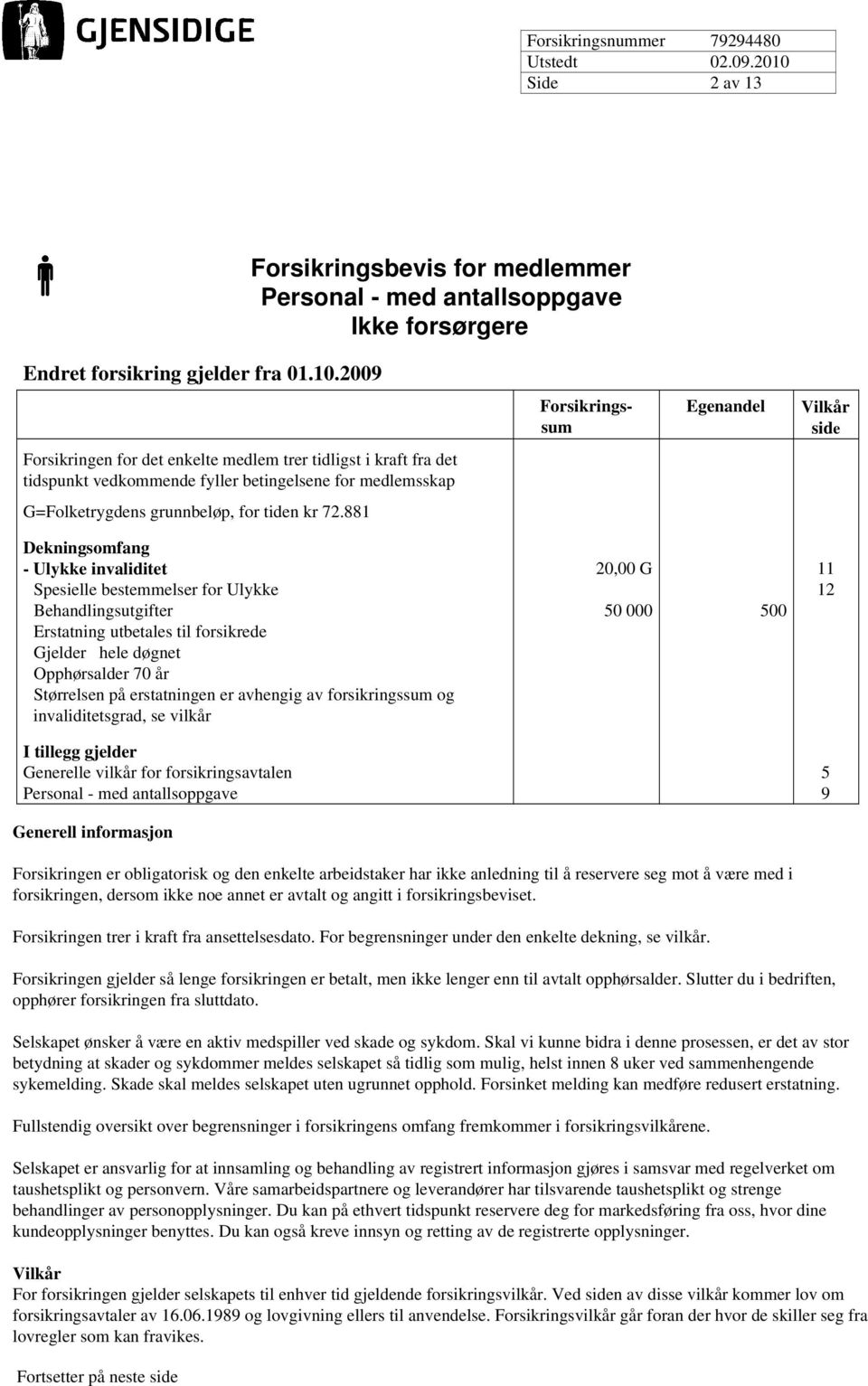 881 Forsikringssum Egenandel Vilkår side Dekningsomfang - Ulykke invaliditet 20,00 G 11 Spesielle bestemmelser for Ulykke 12 Behandlingsutgifter 50 000 500 Erstatning utbetales til forsikrede Gjelder