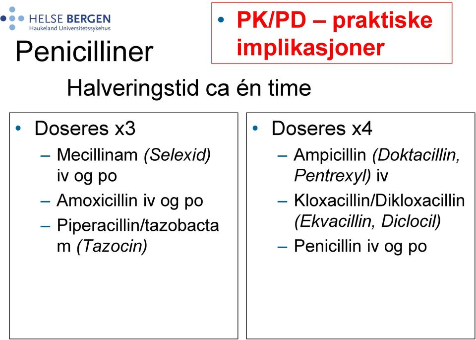 Piperacillin/tazobacta m (Tazocin) Doseres x4 Ampicillin (Doktacillin,
