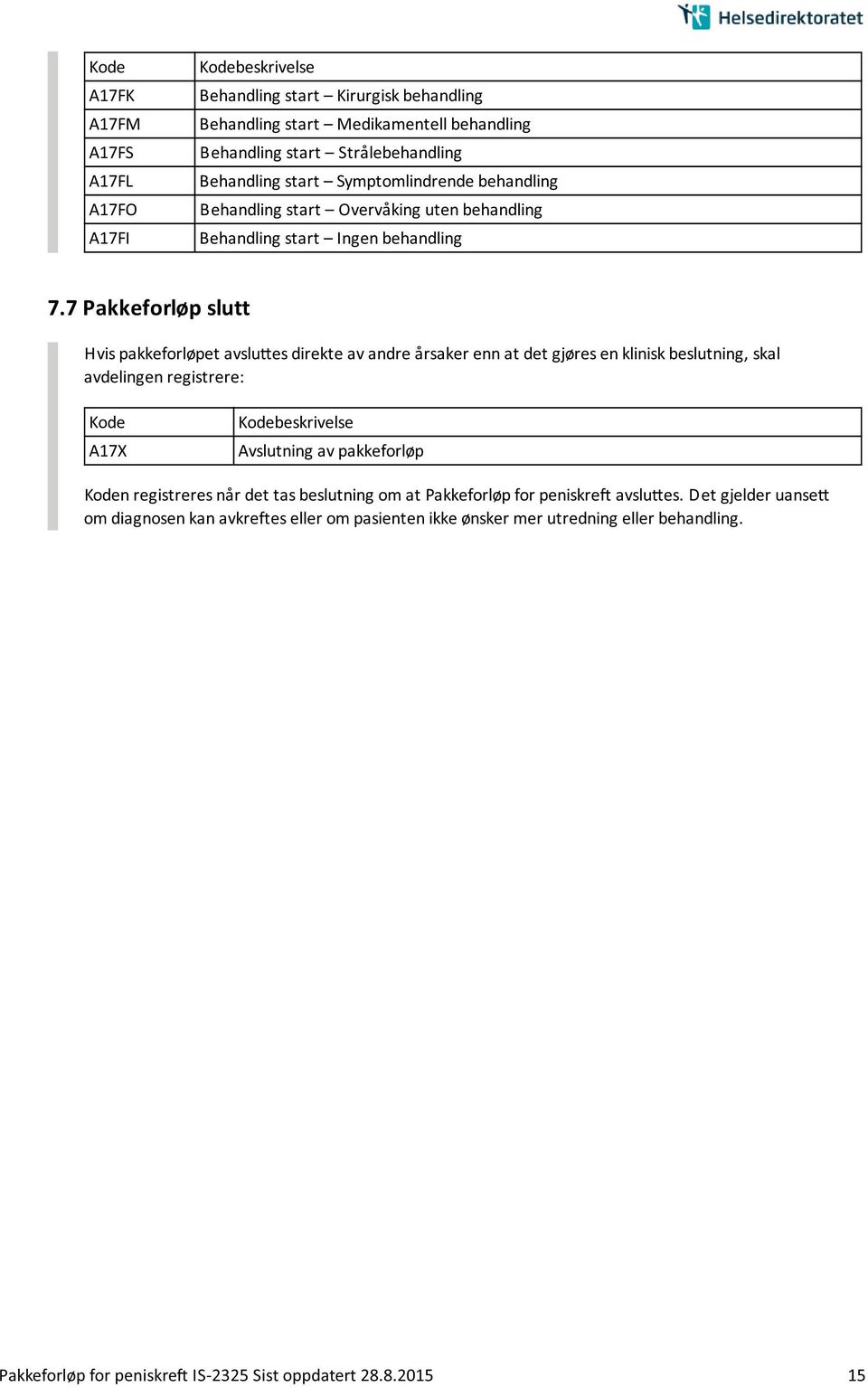 7 Pakkeforløp slutt Hvis pakkeforløpet avslu es direkte av andre a rsaker enn at det gjøres en klinisk beslutning, skal avdelingen registrere: A17X Avslutning av pakkeforløp