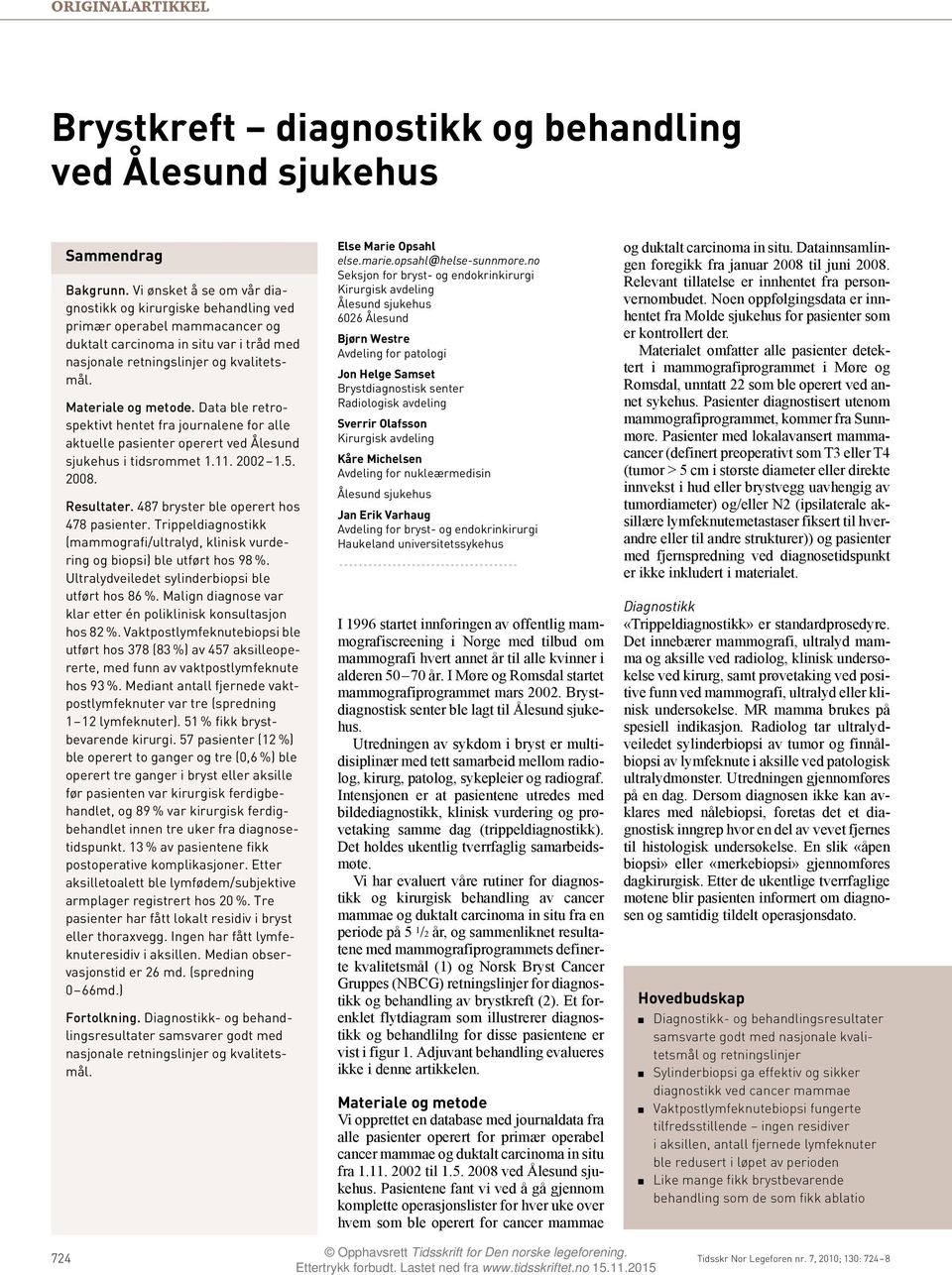 Data ble retrospektivt hentet fra journalene for alle aktuelle pasienter operert ved Ålesund sjukehus i tidsrommet 1.11. 2002 1.5. 2008. Resultater. 487 bryster ble operert hos 478 pasienter.