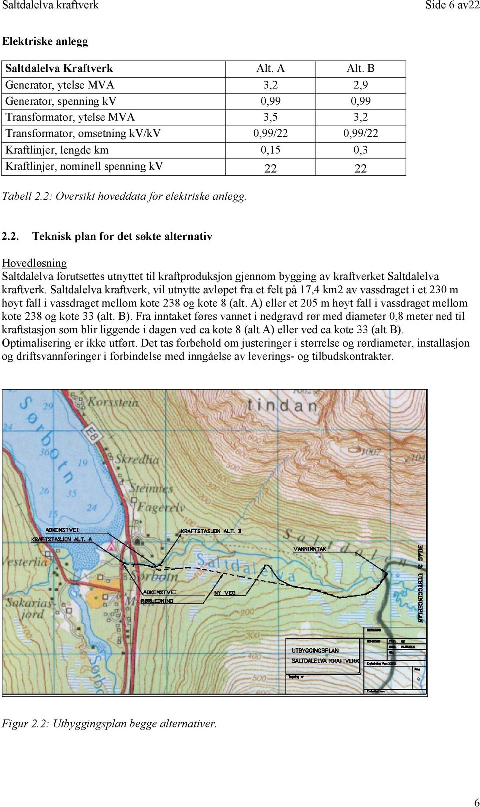 spenning kv 22 22 Tabell 2.2: Oversikt hoveddata for elektriske anlegg. 2.2. Teknisk plan for det søkte alternativ Hovedløsning Saltdalelva forutsettes utnyttet til kraftproduksjon gjennom bygging av kraftverket Saltdalelva kraftverk.