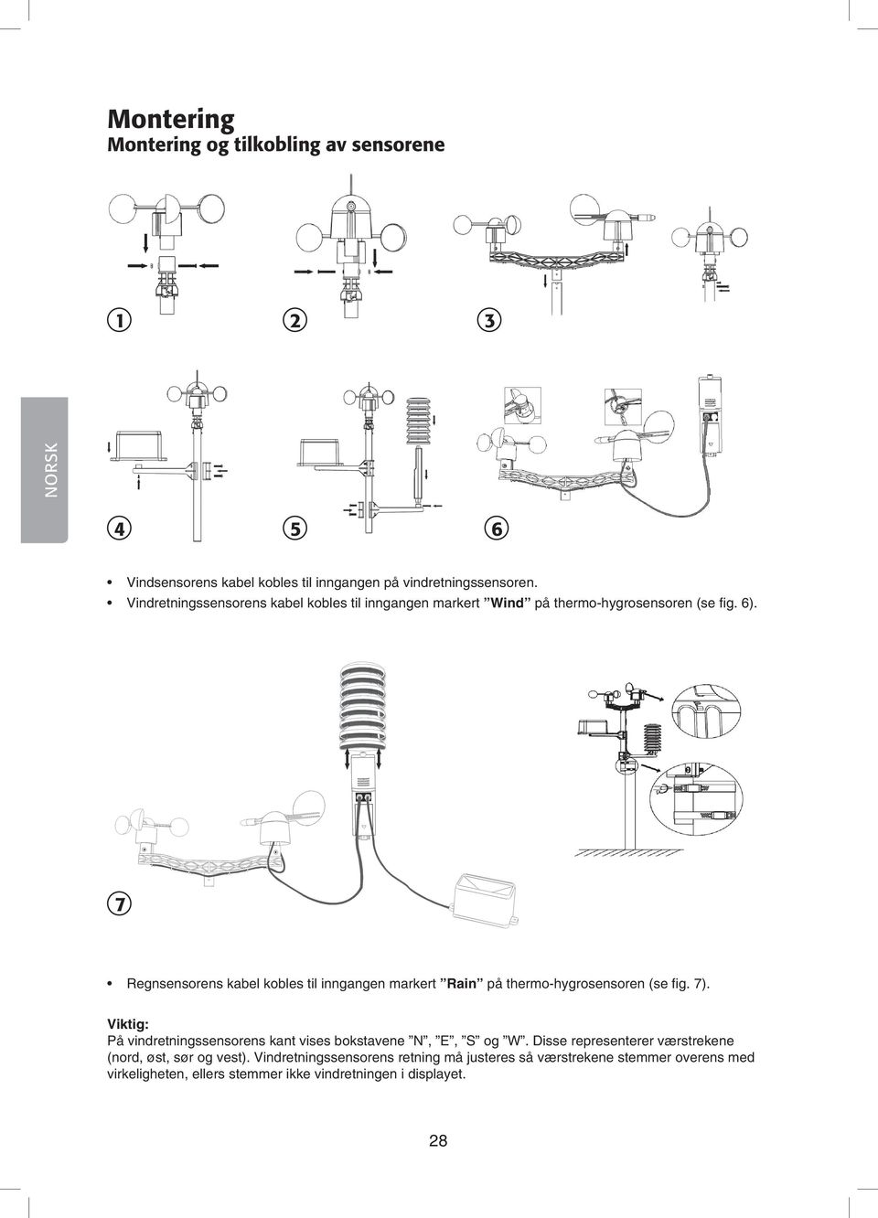 7 Regnsensorens kabel kobles til inngangen markert Rain på thermo-hygrosensoren (se fig. 7).