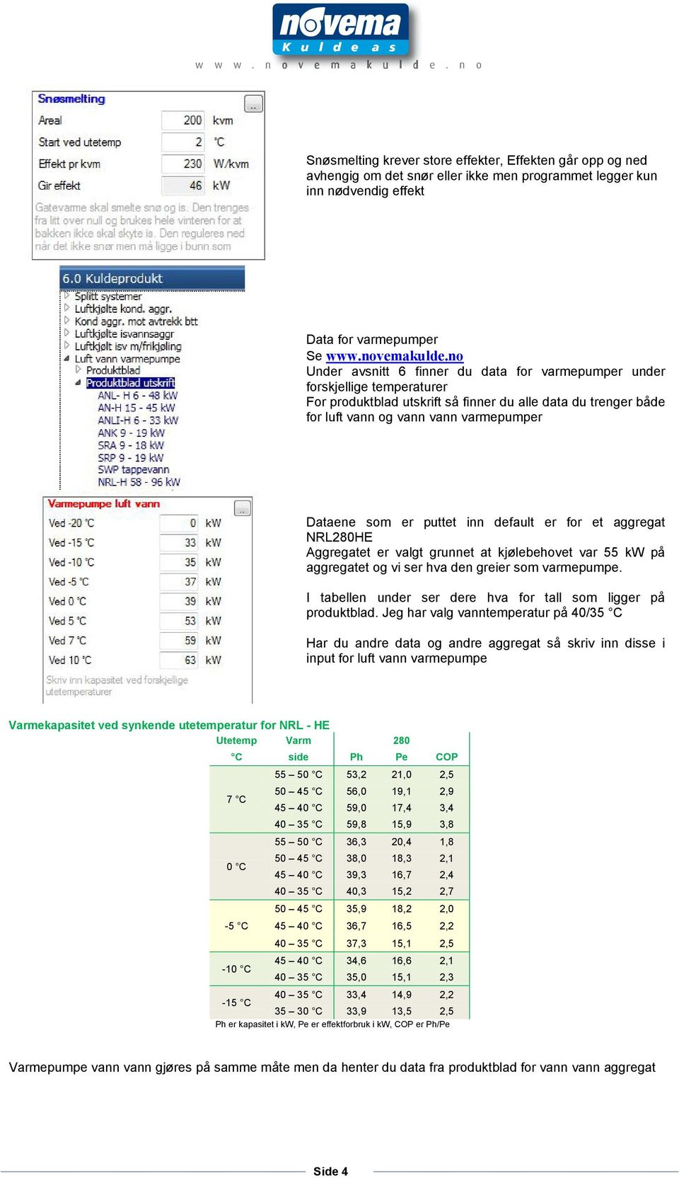 puttet inn default er for et aggregat NRL280HE Aggregatet er valgt grunnet at kjølebehovet var 55 kw på aggregatet og vi ser hva den greier som varmepumpe.