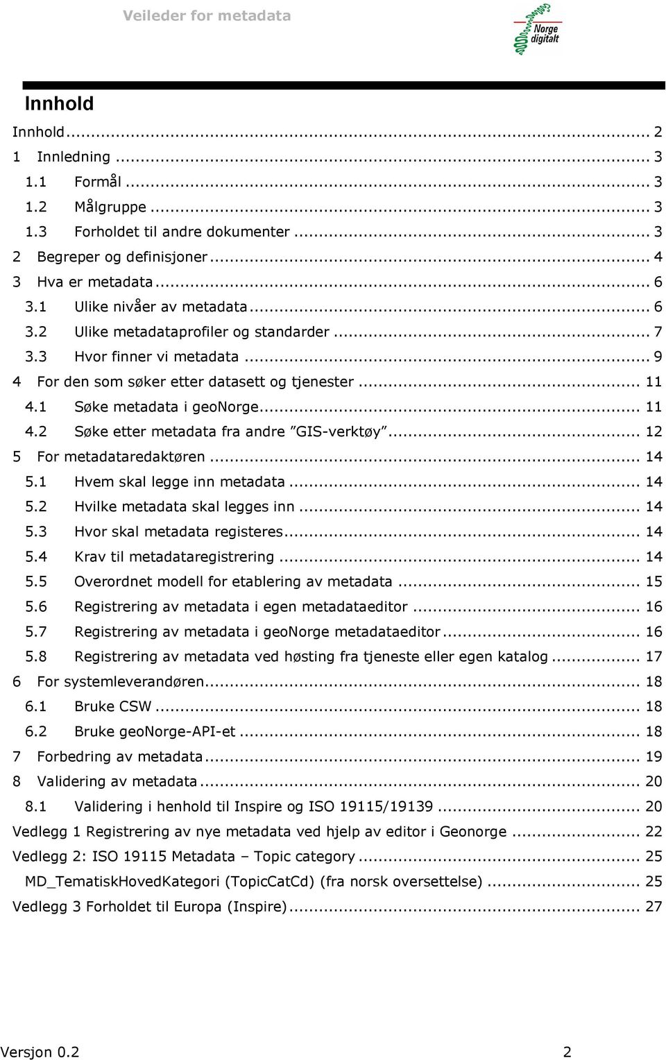 .. 12 5 For metadataredaktøren... 14 5.1 Hvem skal legge inn metadata... 14 5.2 Hvilke metadata skal legges inn... 14 5.3 Hvor skal metadata registeres... 14 5.4 Krav til metadataregistrering... 14 5.5 Overordnet modell for etablering av metadata.