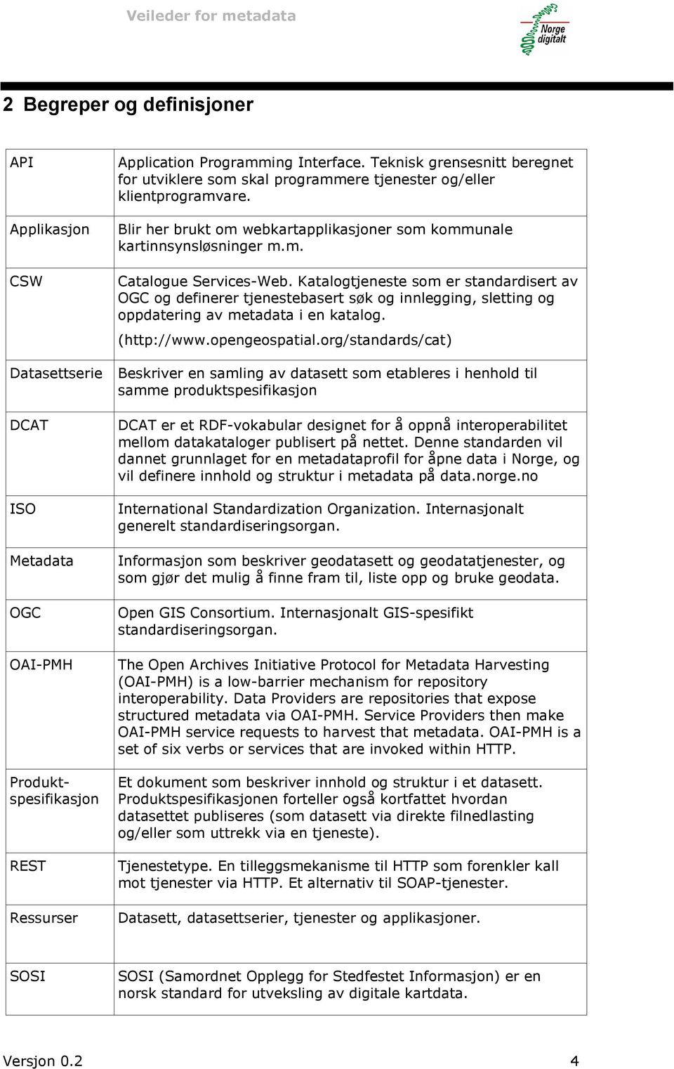 Katalogtjeneste som er standardisert av OGC og definerer tjenestebasert søk og innlegging, sletting og oppdatering av metadata i en katalog. (http://www.opengeospatial.