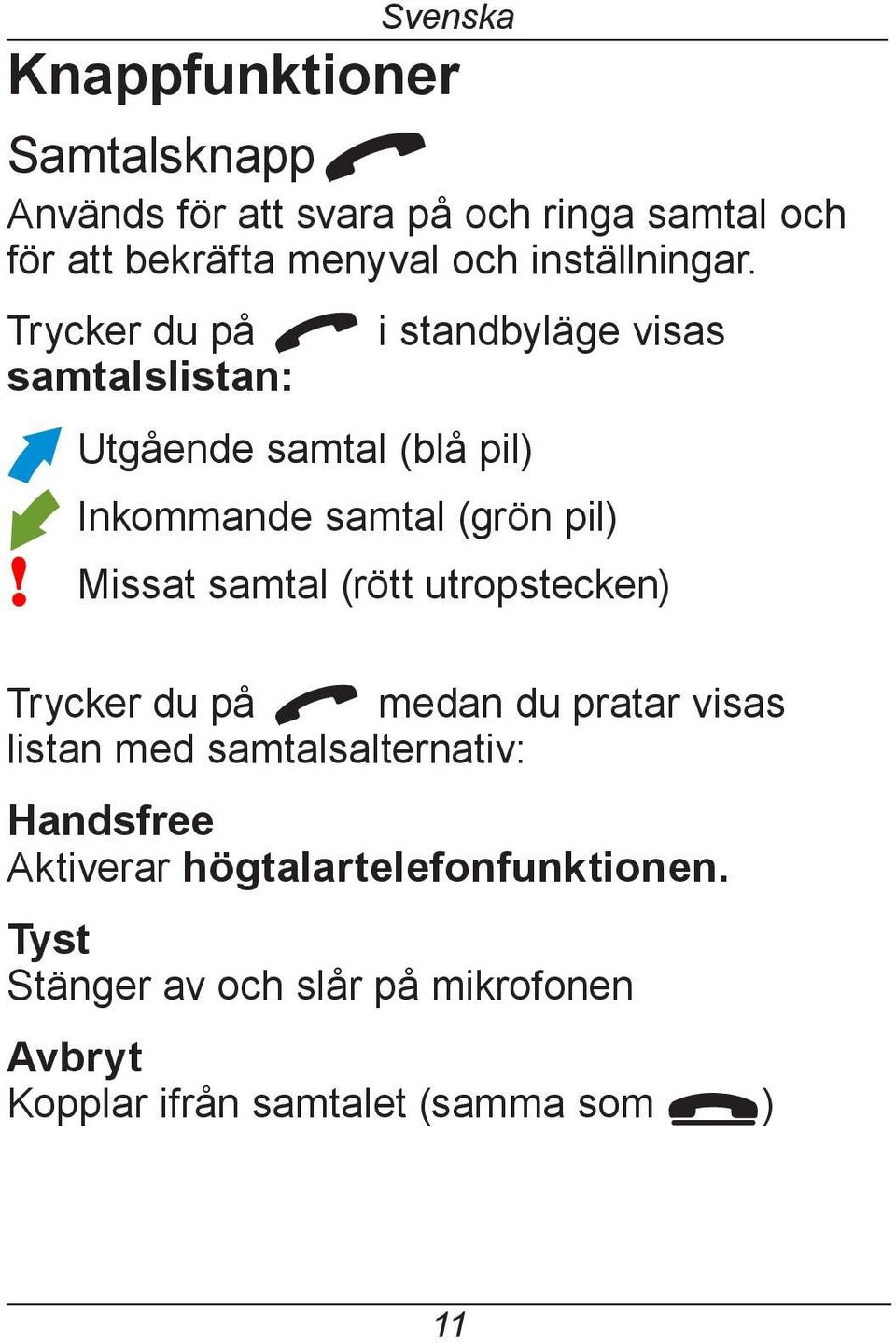 Trycker du på q i standbyläge visas samtalslistan: Utgående samtal (blå pil) Inkommande samtal (grön pil)!