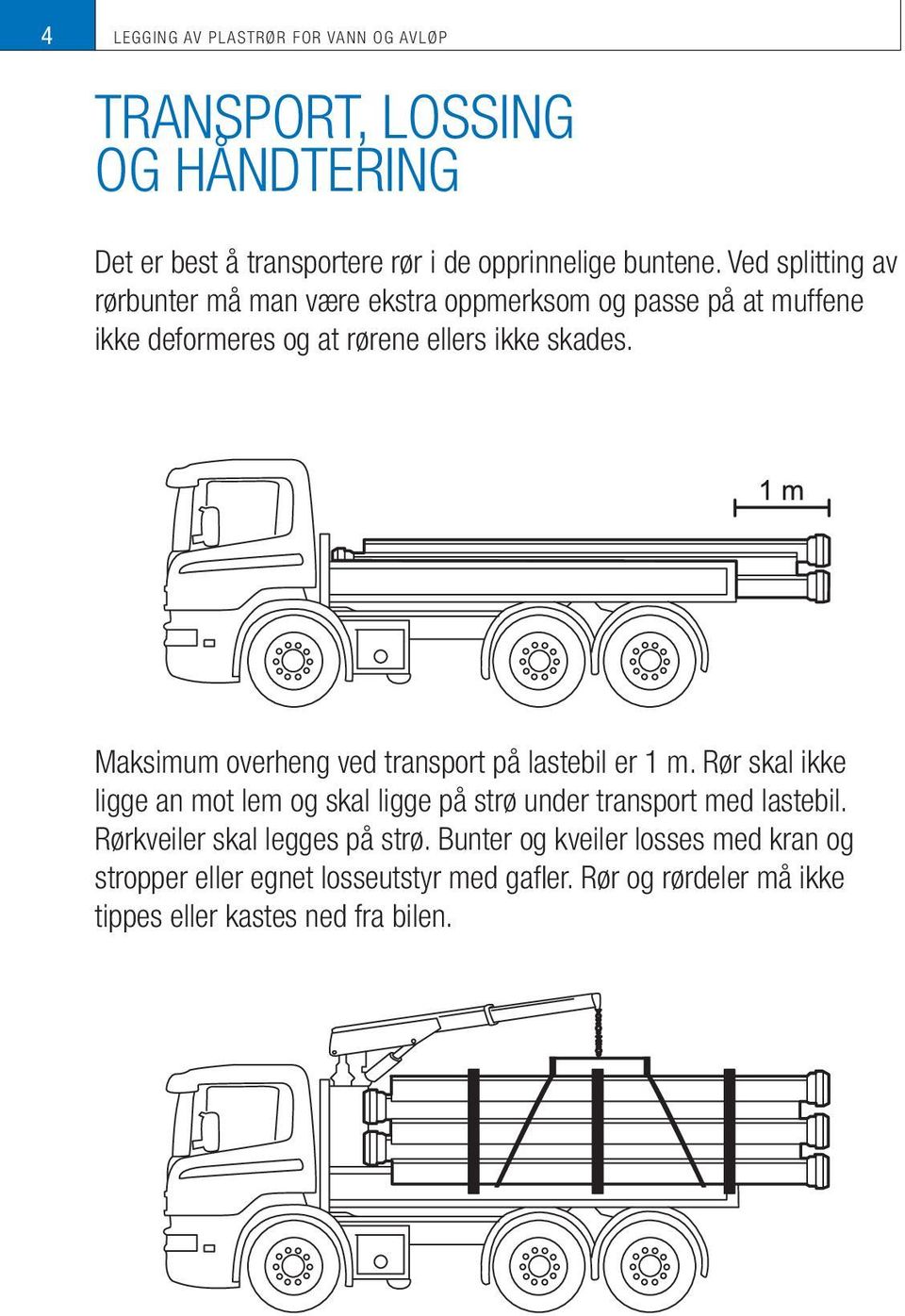 Maksimum overheng ved transport på lastebil er 1 m. Rør skal ikke ligge an mot lem og skal ligge på strø under transport med lastebil.