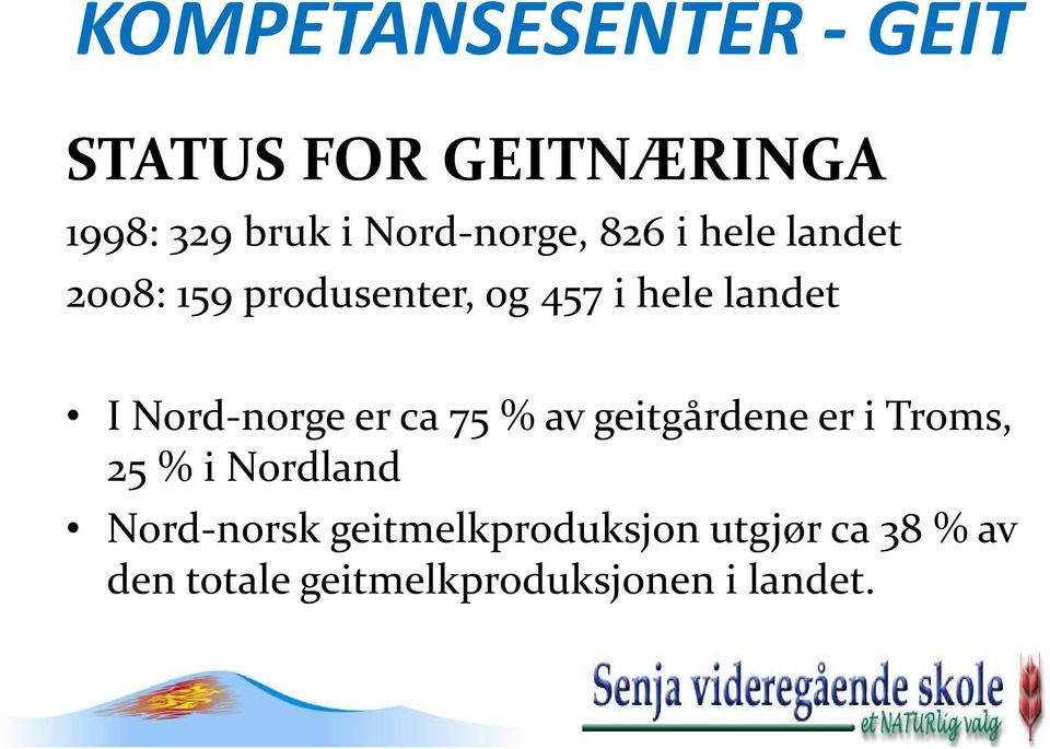 ca 75 % av geitgårdene er i Troms, 25 % i Nordland Nord-norsk