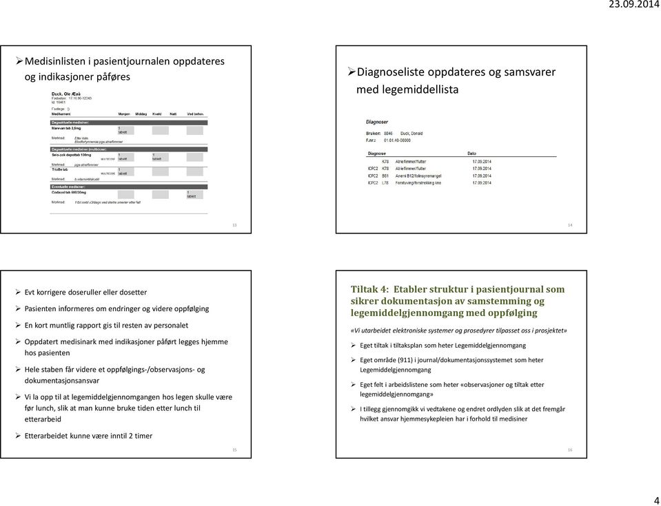 oppfølgings-/observasjons- og dokumentasjonsansvar Vi la opp til at legemiddelgjennomgangen hos legen skulle være før lunch, slik at man kunne bruke tiden etter lunchtil etterarbeid Tiltak 4: Etabler