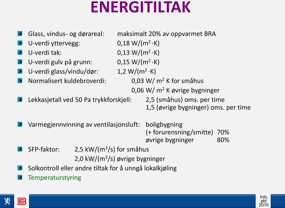 trykkforskjell: 2,5 (småhus) oms. per time 1,5 (øvrige bygninger) oms.