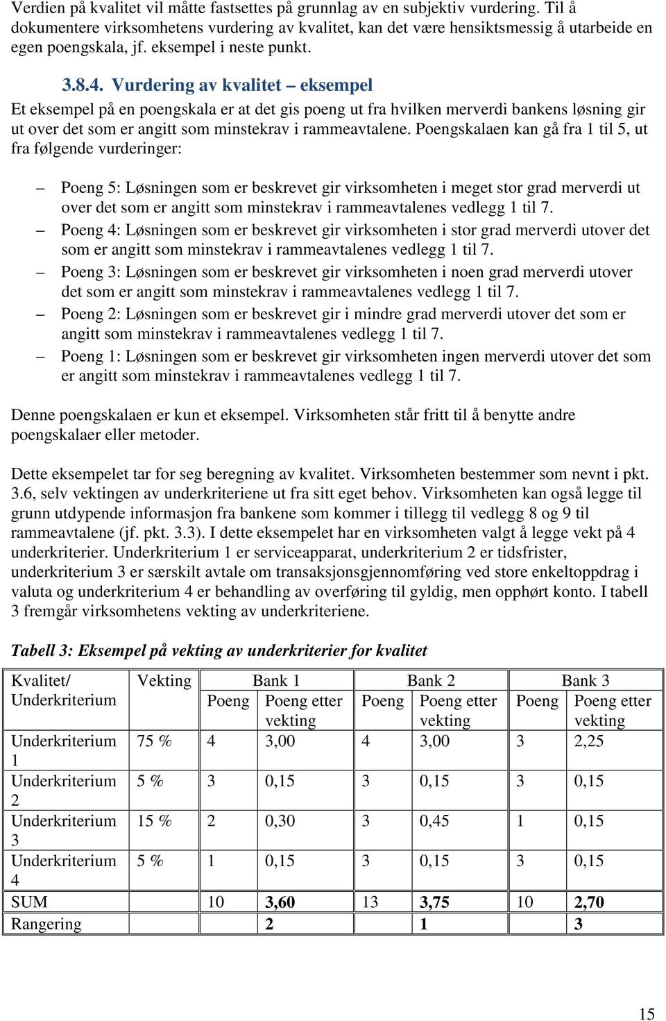 Vurdering av kvalitet eksempel Et eksempel på en poengskala er at det gis poeng ut fra hvilken merverdi bankens løsning gir ut over det som er angitt som minstekrav i rammeavtalene.