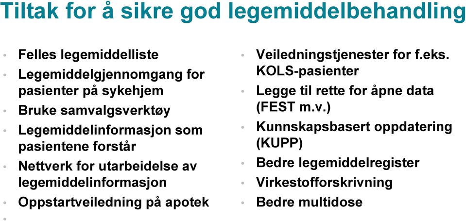 legemiddelinformasjon Oppstartveiledning på apotek Veiledningstjenester for f.eks.