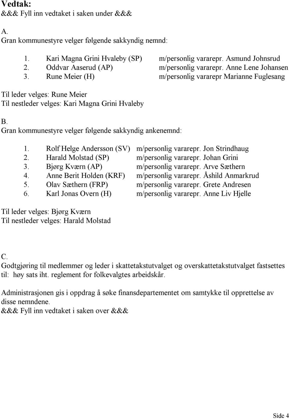 Gran kommunestyre velger følgende sakkyndig ankenemnd: 1. Rolf Helge Andersson (SV) m/personlig vararepr. Jon Strindhaug 2. Harald Molstad (SP) m/personlig vararepr. Johan Grini 3.