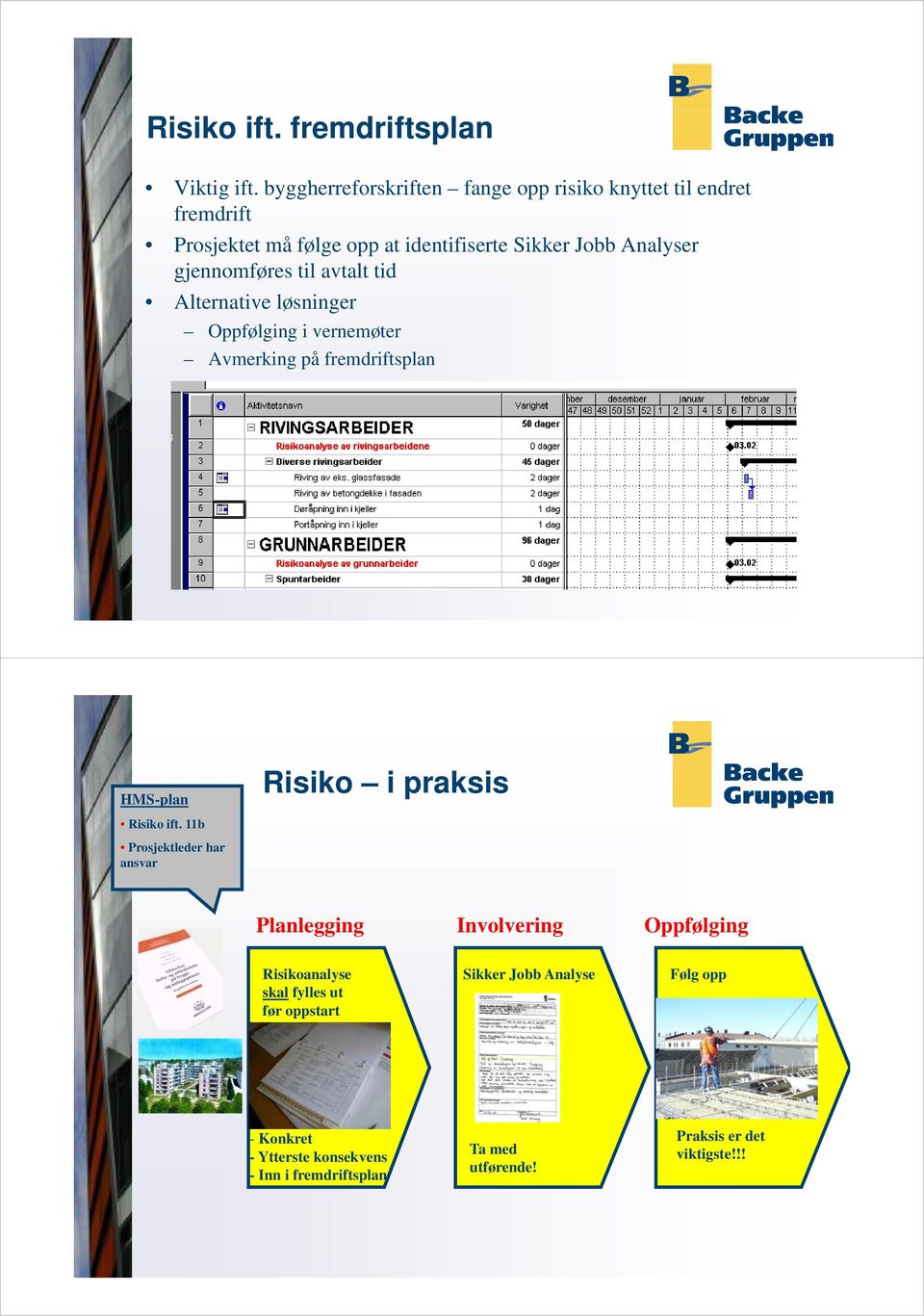 gjennomføres til avtalt tid Alternative løsninger Oppfølging i vernemøter Avmerking på fremdriftsplan HMS-plan Risiko i praksis Risiko