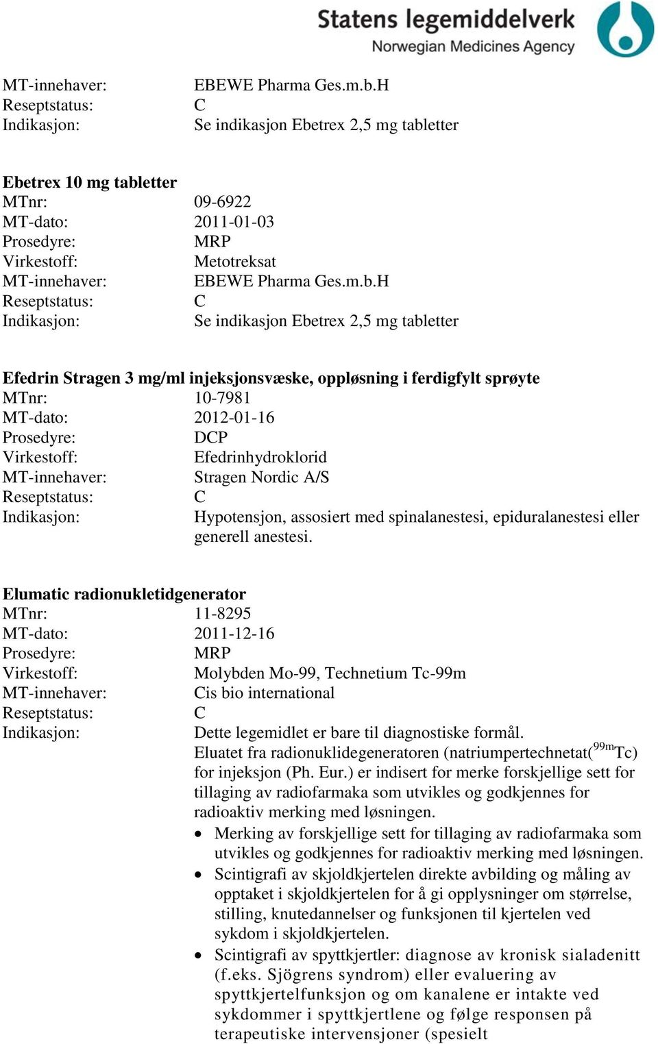 oppløsning i ferdigfylt sprøyte MTnr: 10-7981 MT-dato: 2012-01-16 DP Efedrinhydroklorid Stragen Nordic A/S Hypotensjon, assosiert med spinalanestesi, epiduralanestesi eller generell anestesi.