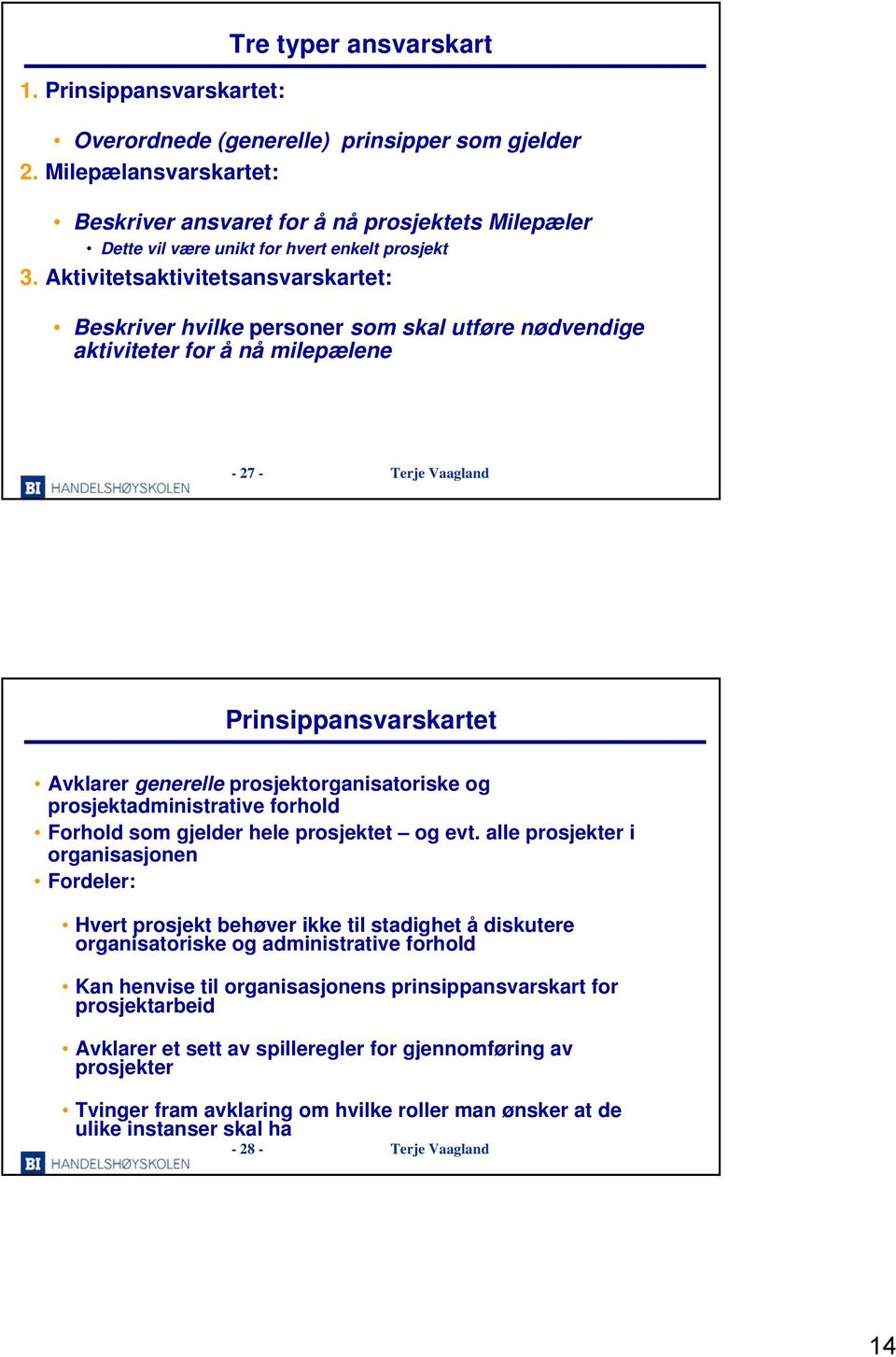 Aktivitetsaktivitetsansvarskartet: Beskriver hvilke personer som skal utføre nødvendige aktiviteter for å nå milepælene -27- Prinsippansvarskartet Avklarer generelle prosjektorganisatoriske og