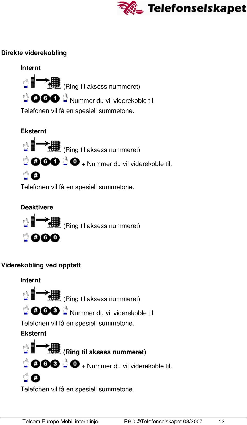 Viderekobling ved opptatt Internt Nummer du vil viderekoble til. Telefonen vil få en spesiell summetone.