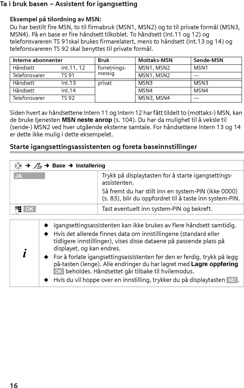 13 og 14) og telefonsvareren TS 92 skal benyttes til private formål. Interne abonnenter Bruk Mottaks-MSN Sende-MSN Håndsett Int.