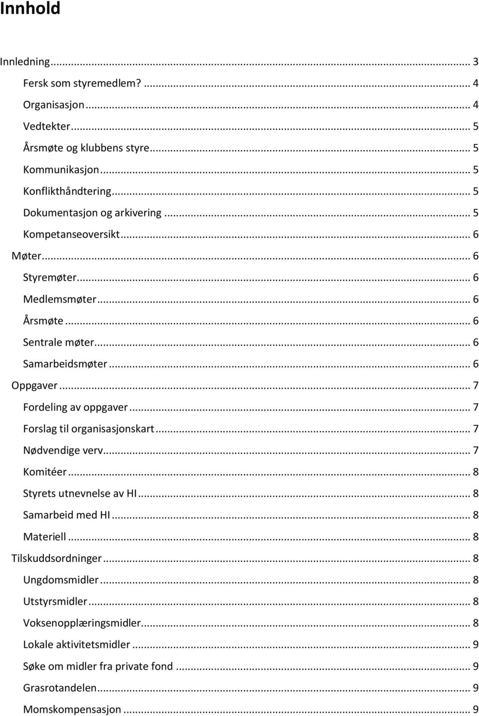 .. 7 Fordeling av oppgaver... 7 Forslag til organisasjonskart... 7 Nødvendige verv... 7 Komitéer... 8 Styrets utnevnelse av HI... 8 Samarbeid med HI... 8 Materiell.