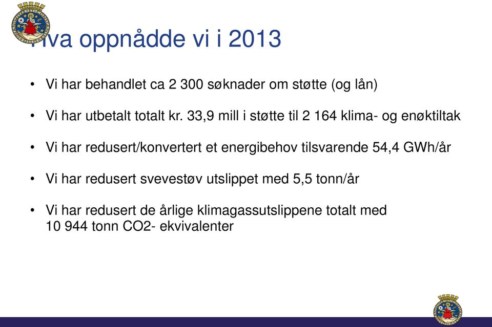 33,9 mill i støtte til 2 164 klima- og enøktiltak Vi har redusert/konvertert et