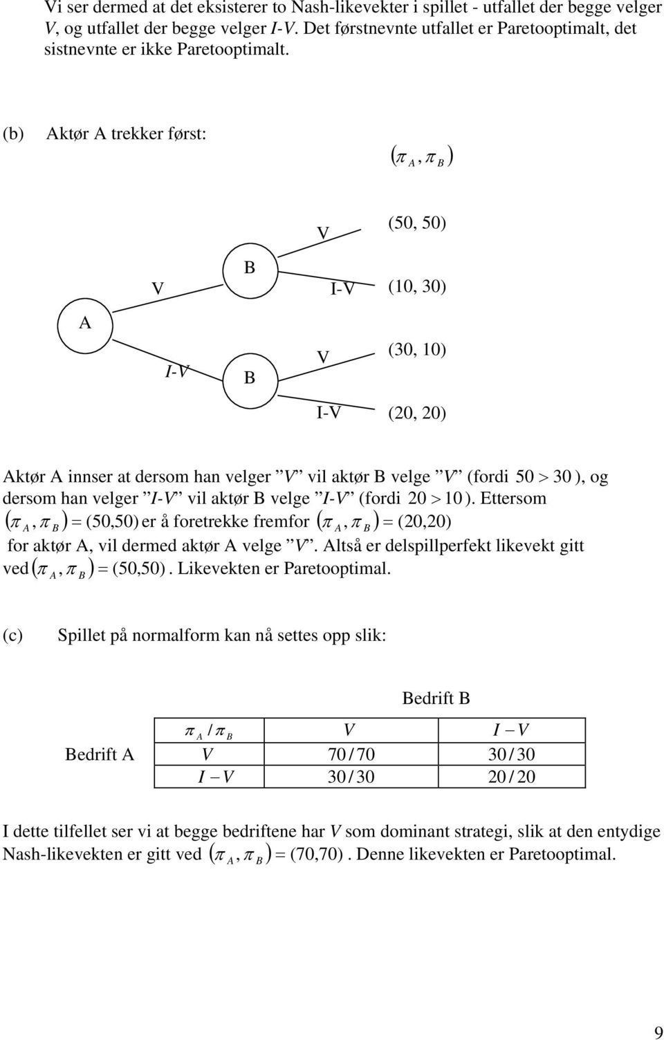 (b) ktør trekker først: ( π, ) π B V (50, 50) V B I-V (0, 30) I-V B V (30, 0) I-V (0, 0) ktør innser at dersom han velger V vil aktør B velge V (fordi 50 > 30 ), og dersom han velger I-V vil aktør B
