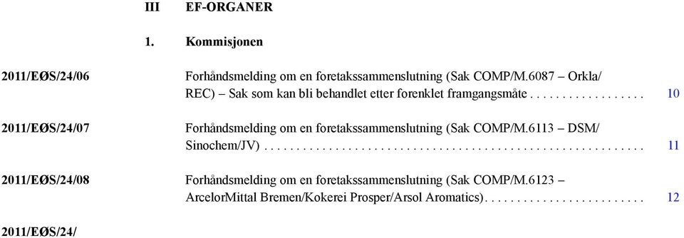 6113 DSM/ Sinochem/JV).... 11 2011/EØS/24/08 Forhåndsmelding om en foretakssammenslutning (Sak COMP/M.
