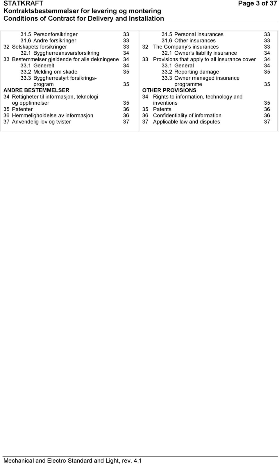 3 Byggherrestyrt forsikringsprogram 35 ANDRE BESTEMMELSER 34 Rettigheter til informasjon, teknologi og oppfinnelser 35 35 Patenter 36 36 Hemmeligholdelse av informasjon 36 37 Anvendelig lov og