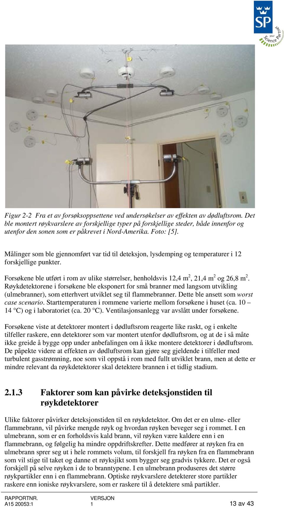 Målinger som ble gjennomført var tid til deteksjon, lysdemping og temperaturer i 12 forskjellige punkter. Forsøkene ble utført i rom av ulike størrelser, henholdsvis 12,4 m 2, 21,4 m 2 og 26,8 m 2.