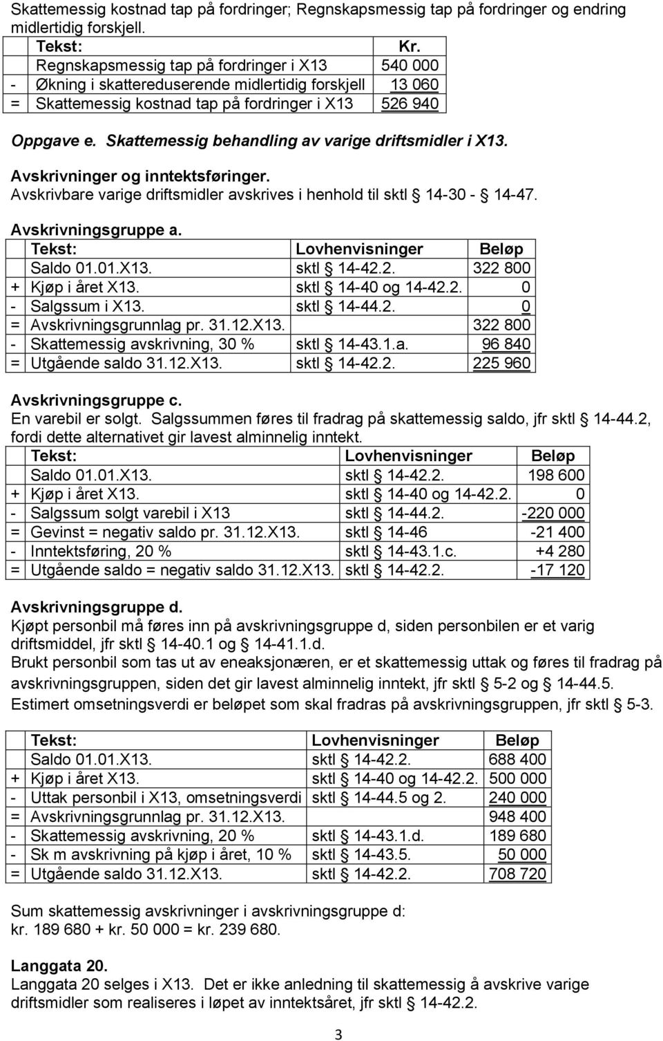 Skattemessig behandling av varige driftsmidler i X13. Avskrivninger og inntektsføringer. Avskrivbare varige driftsmidler avskrives i henhold til sktl 14-30 - 14-47. Avskrivningsgruppe a.