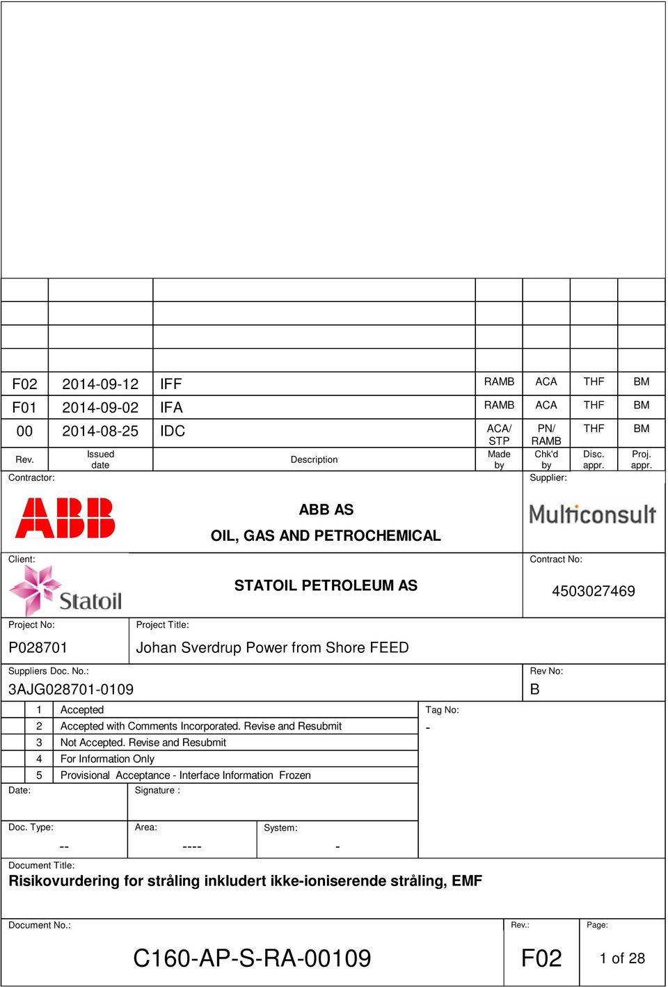 BM Proj. appr. Client: Contract No: STATOIL PETROLEUM AS 4503027469 Project No: P028701 Project Title: Johan Sverdrup Power from Shore FEED Suppliers Doc. No.: 3AJG028701-0109 1 Accepted Tag No: 2 Accepted with Comments Incorporated.