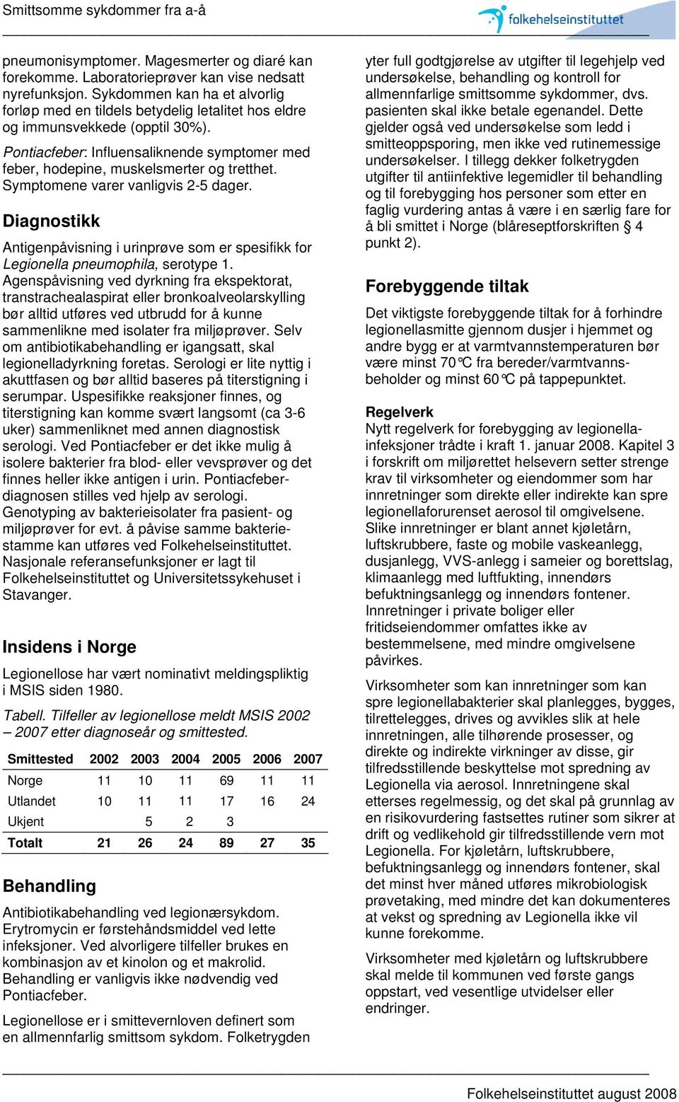 Pontiacfeber: Influensaliknende symptomer med feber, hodepine, muskelsmerter og tretthet. Symptomene varer vanligvis 2-5 dager.