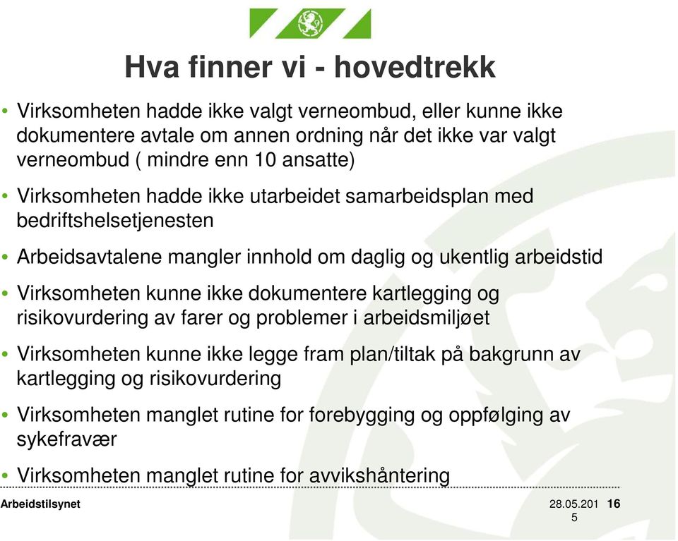 arbeidstid Virksomheten kunne ikke dokumentere kartlegging og risikovurdering av farer og problemer i arbeidsmiljøet Virksomheten kunne ikke legge fram plan/tiltak