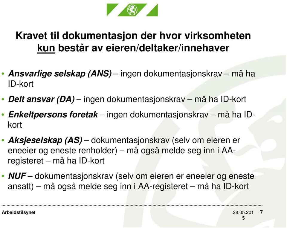 dokumentasjonskrav må ha IDkort Aksjeselskap (AS) dokumentasjonskrav (selv om eieren er eneeier og eneste renholder) må også melde