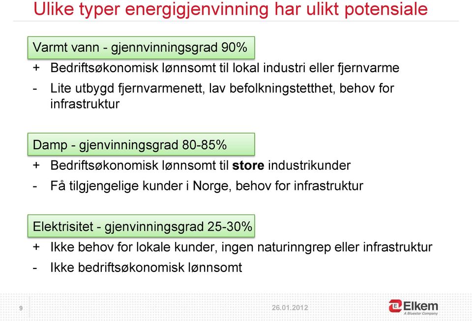 80-85% + Bedriftsøkonomisk lønnsomt til store industrikunder - Få tilgjengelige kunder i Norge, behov for infrastruktur