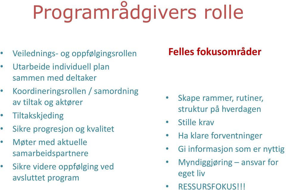 aktuelle samarbeidspartnere Sikre videre oppfølging ved avsluttet program Felles fokusområder Skape rammer,